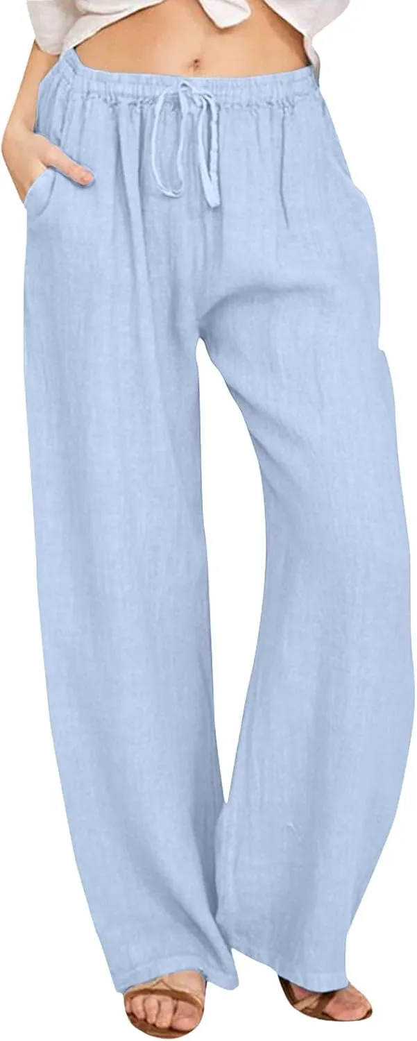 Wide Leg Linen Pants for Women Plus Size Summer Pants Flowy Drawstring Wide Leg Pants High Waisted Palazzo Pant Yoga Trousers