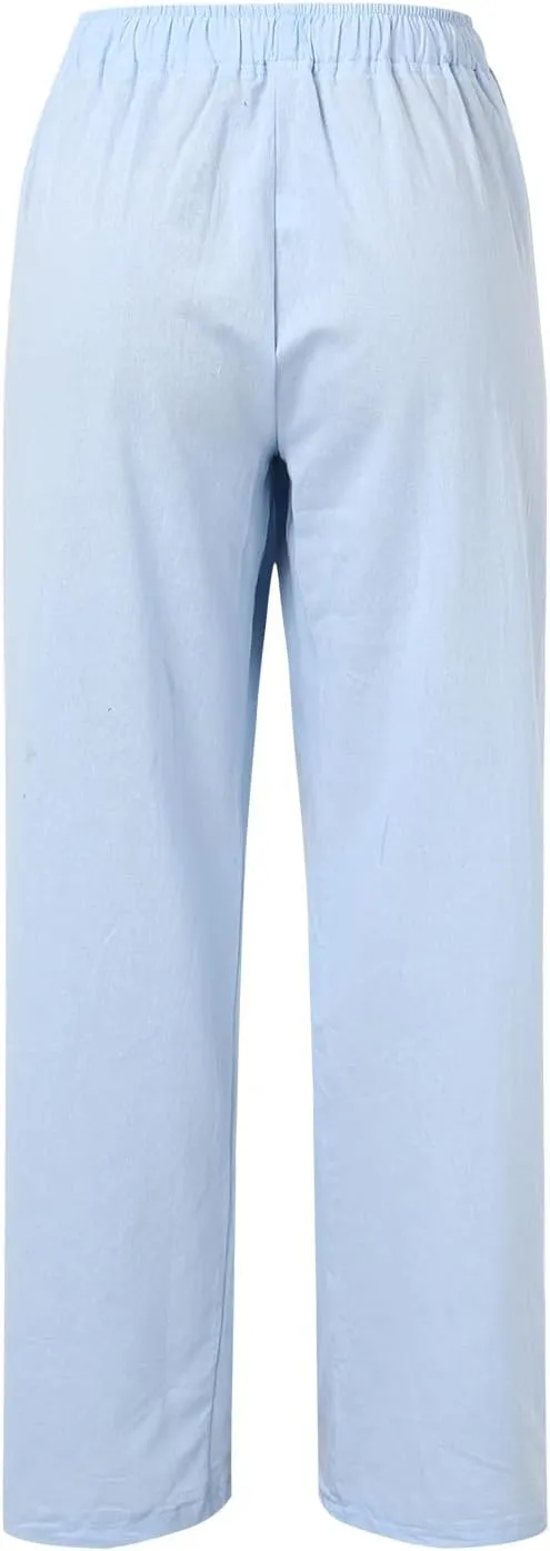 Wide Leg Linen Pants for Women Plus Size Summer Pants Flowy Drawstring Wide Leg Pants High Waisted Palazzo Pant Yoga Trousers