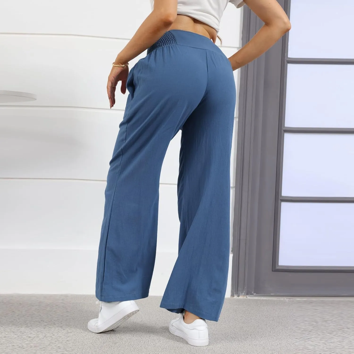 Wide Leg Linen Pants for Women Smocked High Waisted Palazzo Pants Flowy Summer Beach Trousers Outfits with Pockets