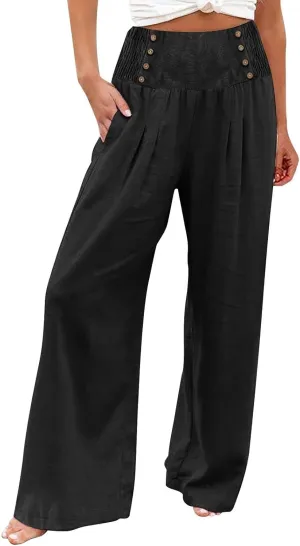 Wide Leg Linen Pants for Women Smocked High Waisted Palazzo Pants Flowy Summer Beach Trousers Outfits with Pockets