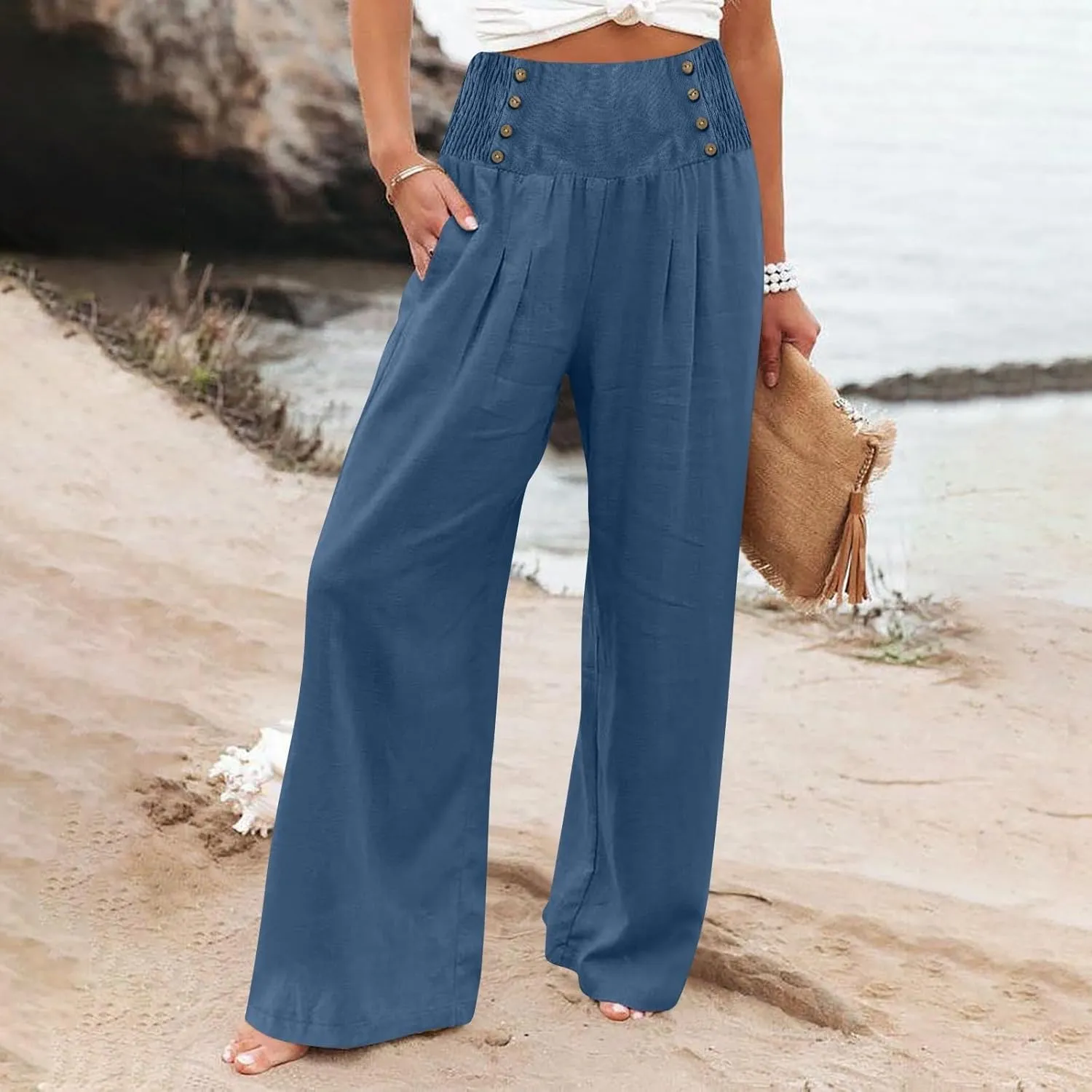 Wide Leg Linen Pants for Women Smocked High Waisted Palazzo Pants Flowy Summer Beach Trousers Outfits with Pockets