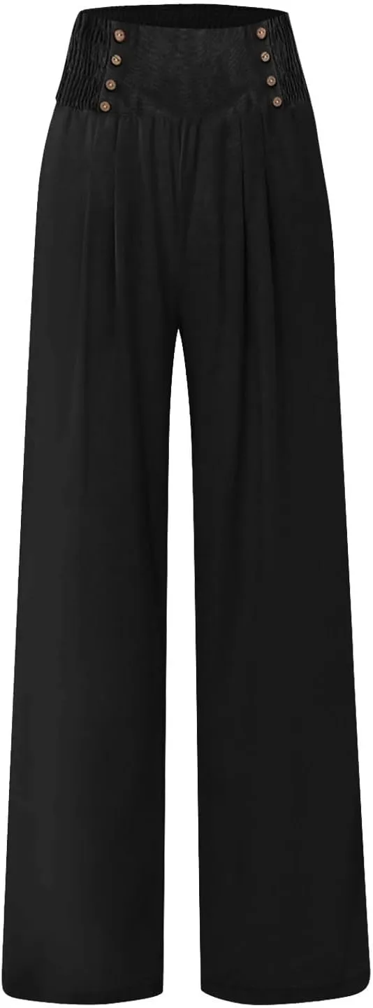 Wide Leg Linen Pants for Women Smocked High Waisted Palazzo Pants Flowy Summer Beach Trousers Outfits with Pockets
