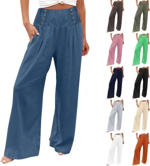 Wide Leg Linen Pants for Women Smocked High Waisted Palazzo Pants Flowy Summer Beach Trousers Outfits with Pockets