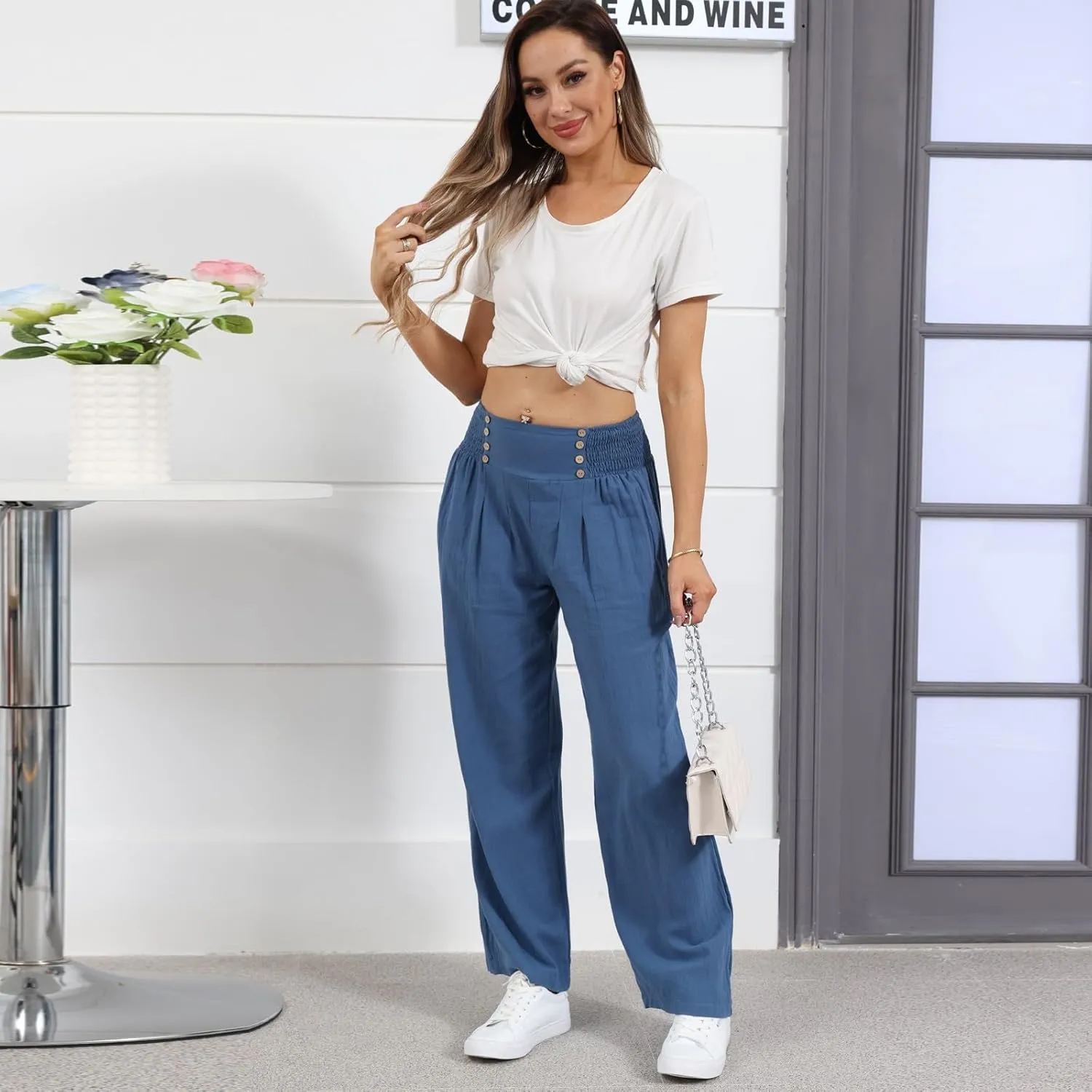 Wide Leg Linen Pants for Women Smocked High Waisted Palazzo Pants Flowy Summer Beach Trousers Outfits with Pockets