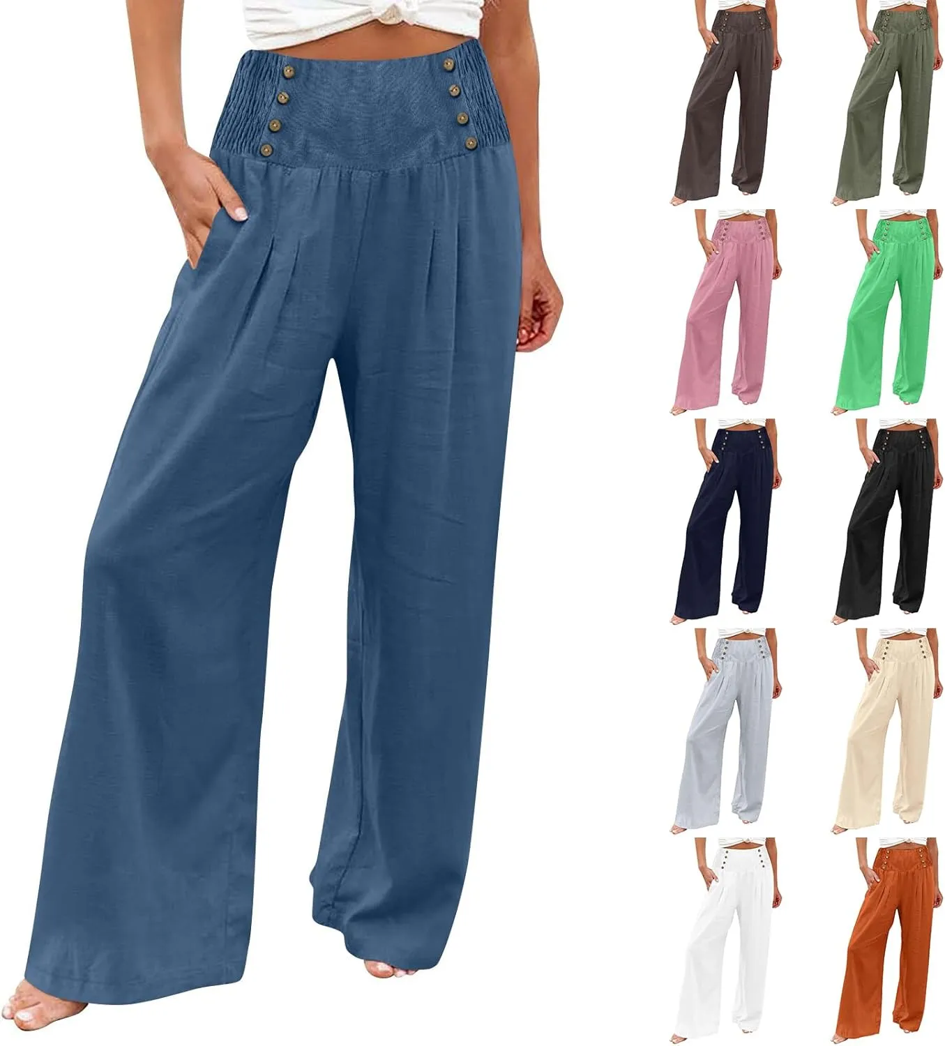 Wide Leg Linen Pants for Women Smocked High Waisted Palazzo Pants Flowy Summer Beach Trousers Outfits with Pockets