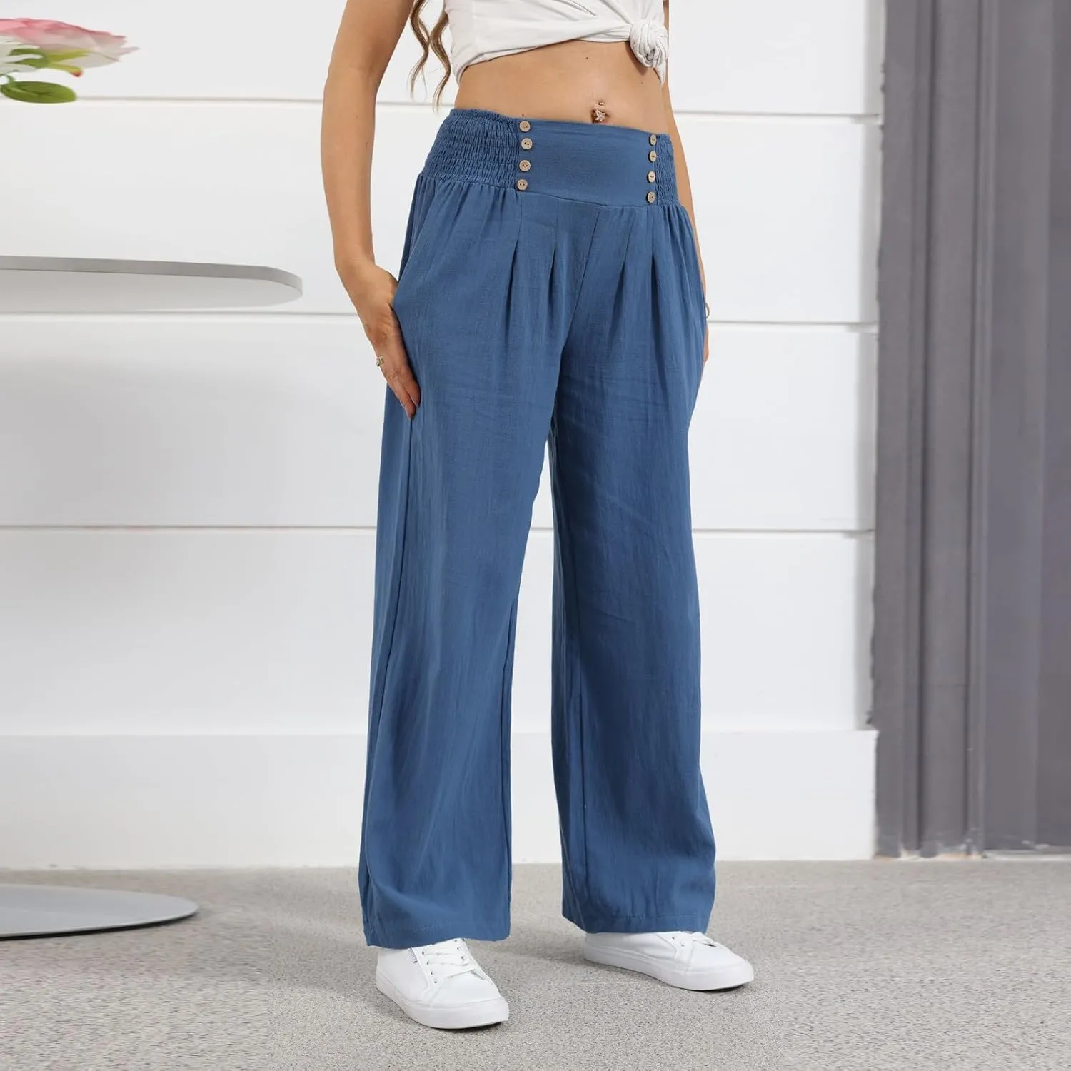 Wide Leg Linen Pants for Women Smocked High Waisted Palazzo Pants Flowy Summer Beach Trousers Outfits with Pockets