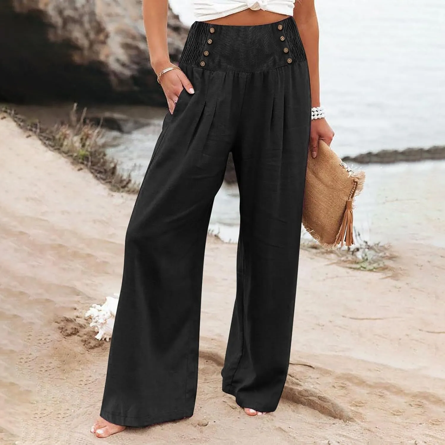 Wide Leg Linen Pants for Women Smocked High Waisted Palazzo Pants Flowy Summer Beach Trousers Outfits with Pockets