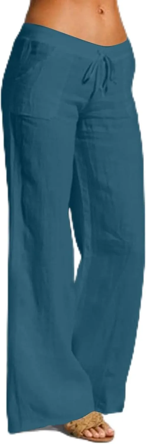 Wide Leg Linen Pants for Women Summer Casual Palazzo Flowy Boho Beach Pants Drawstring High Waist Palazzo Trousers
