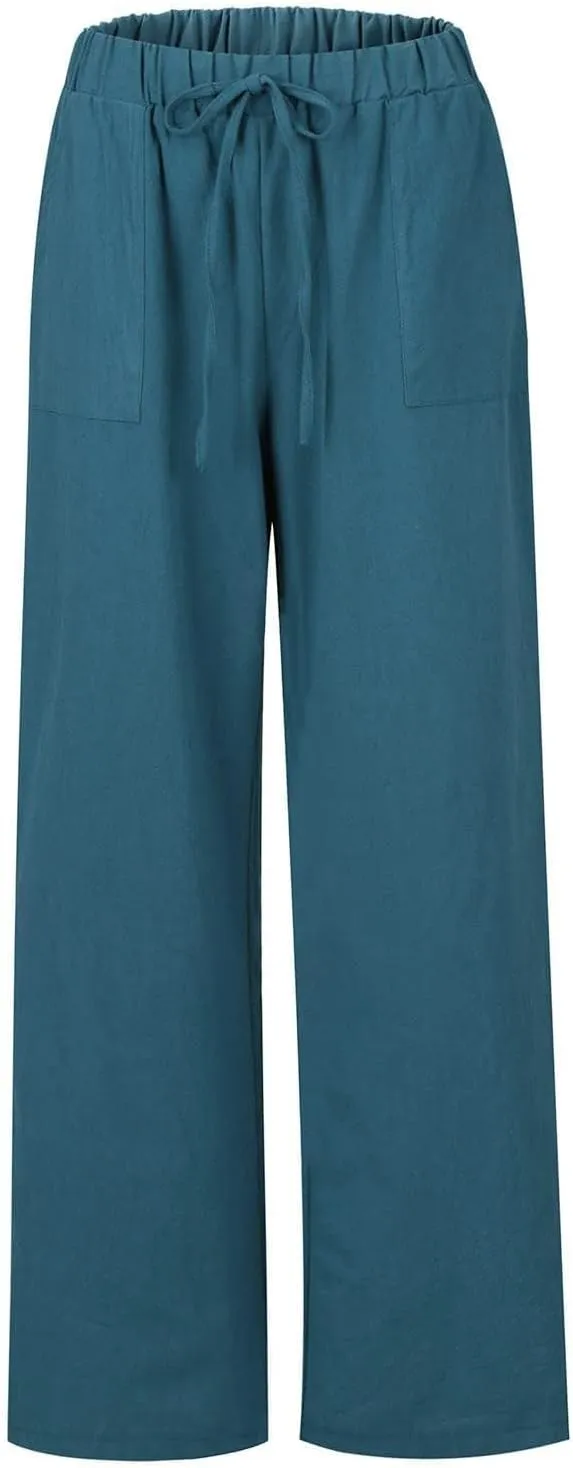 Wide Leg Linen Pants for Women Summer Casual Palazzo Flowy Boho Beach Pants Drawstring High Waist Palazzo Trousers