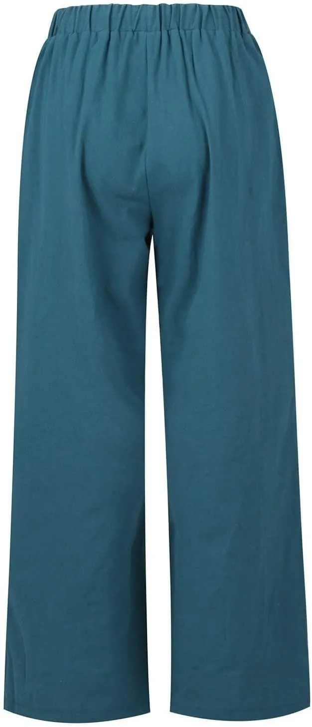Wide Leg Linen Pants for Women Summer Casual Palazzo Flowy Boho Beach Pants Drawstring High Waist Palazzo Trousers