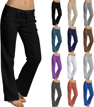 Wide Leg Linen Pants for Women Summer Low Waisted Palazzo Lounge Pants Drawstring Lightweight Trousers with Pockets