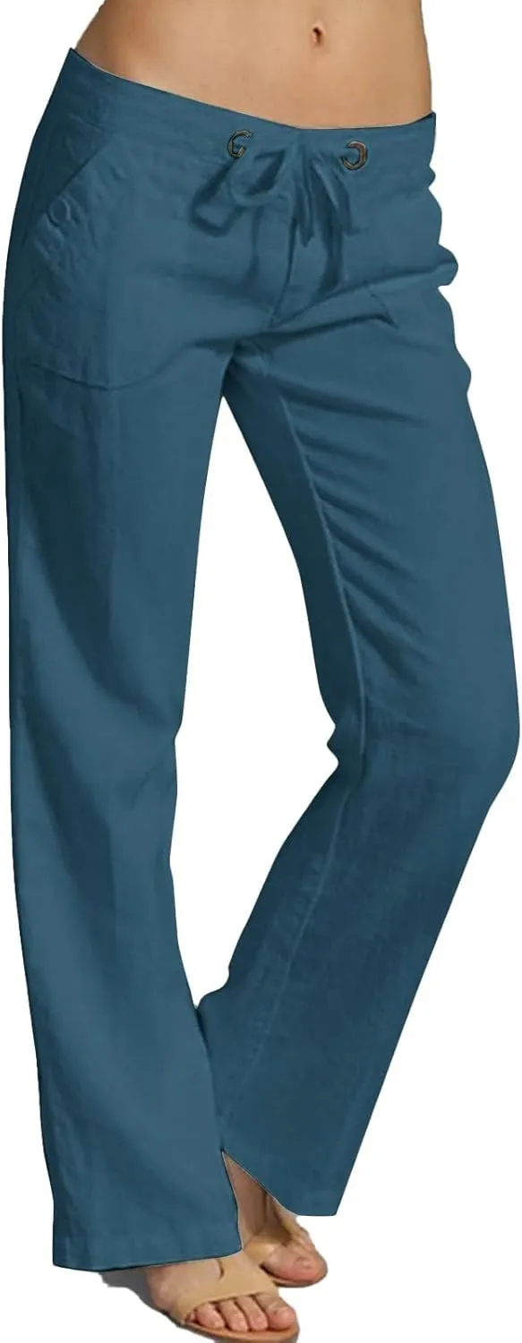 Wide Leg Linen Pants for Women Summer Low Waisted Palazzo Lounge Pants Drawstring Lightweight Trousers with Pockets