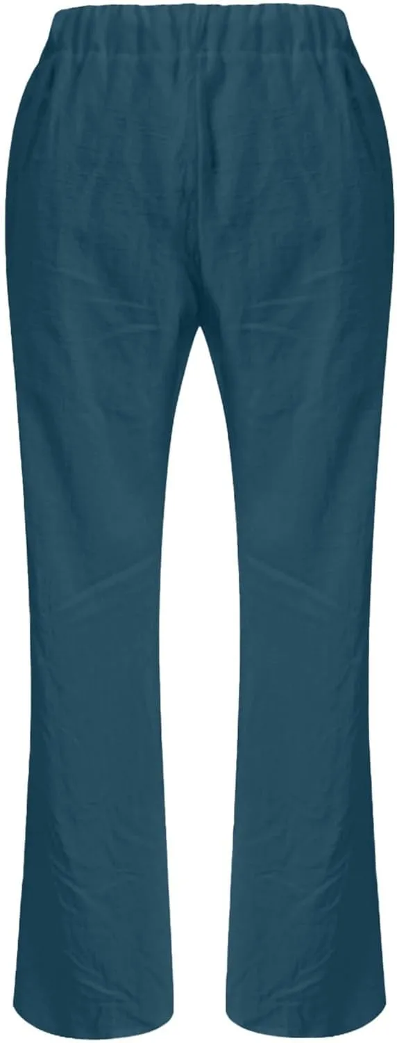 Wide Leg Linen Pants for Women Summer Low Waisted Palazzo Lounge Pants Drawstring Lightweight Trousers with Pockets