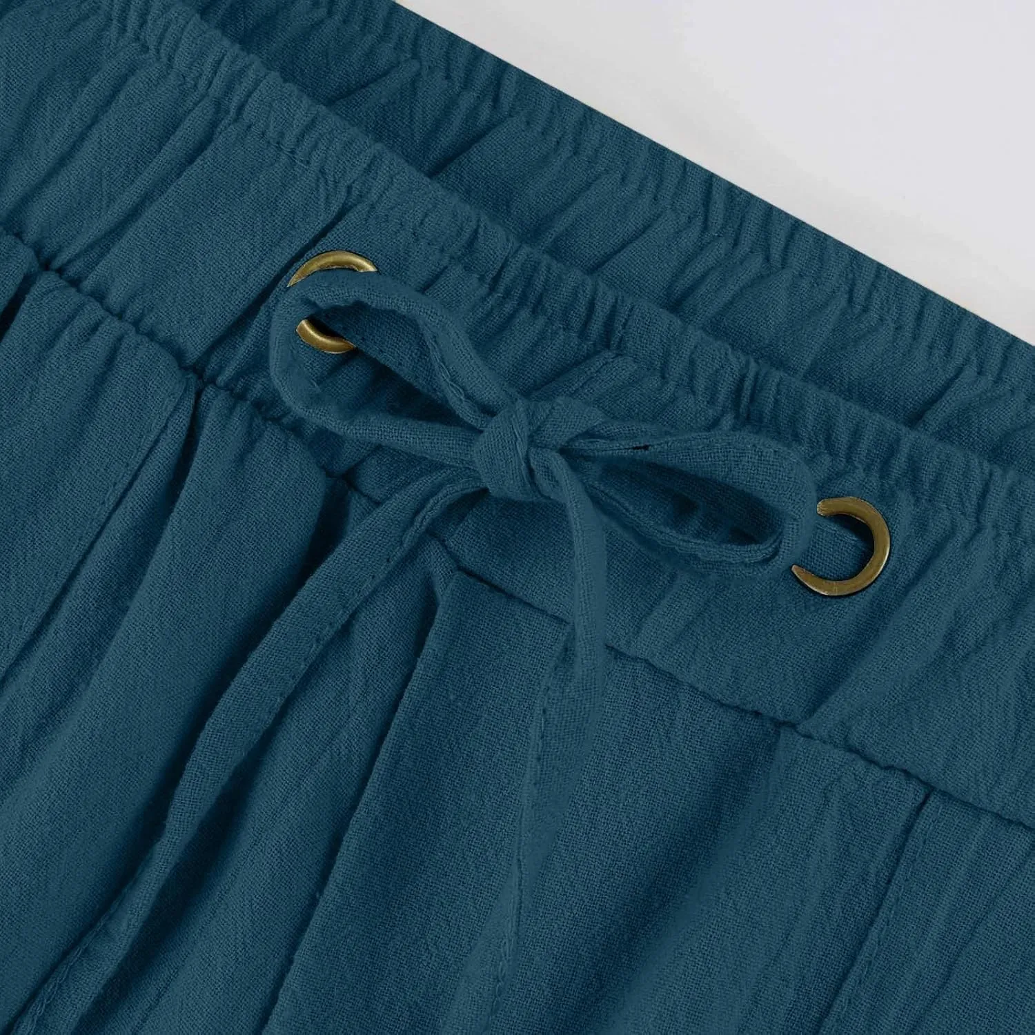 Wide Leg Linen Pants for Women Summer Low Waisted Palazzo Lounge Pants Drawstring Lightweight Trousers with Pockets