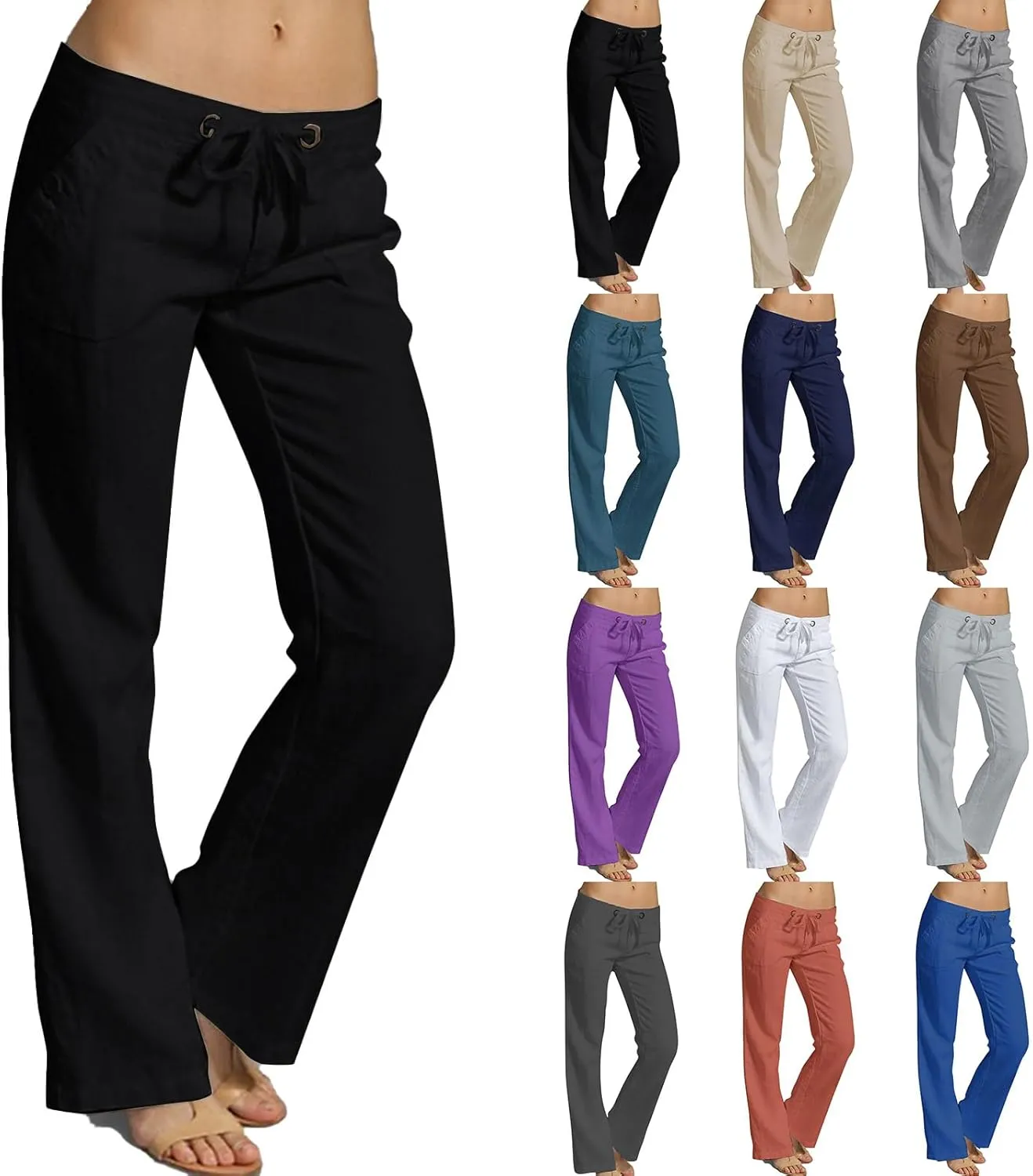 Wide Leg Linen Pants for Women Summer Low Waisted Palazzo Lounge Pants Drawstring Lightweight Trousers with Pockets