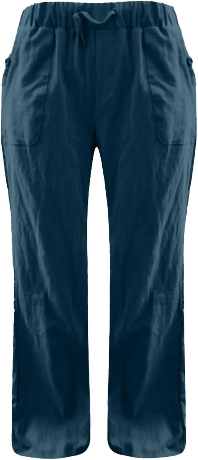 Wide Leg Linen Pants for Women Summer Low Waisted Palazzo Lounge Pants Drawstring Lightweight Trousers with Pockets