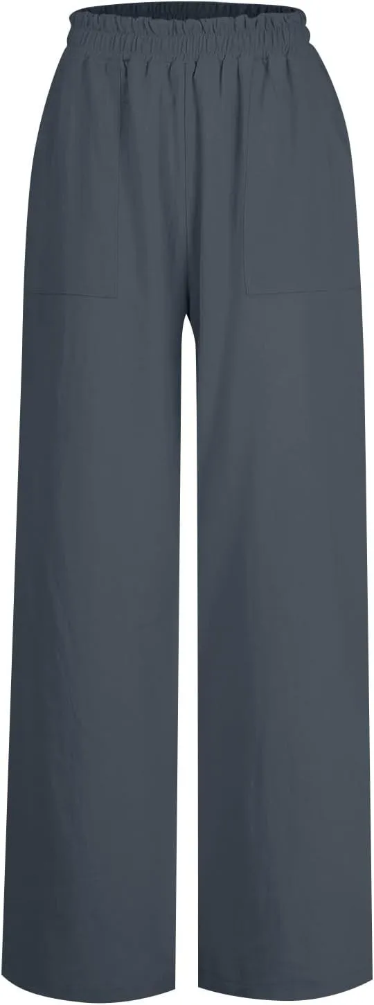 Wide Leg Linen Pants for Women Summer Palazzo Flowy Capri Palazzo Flowy Pants Casual High Waist Trousers with Pockets