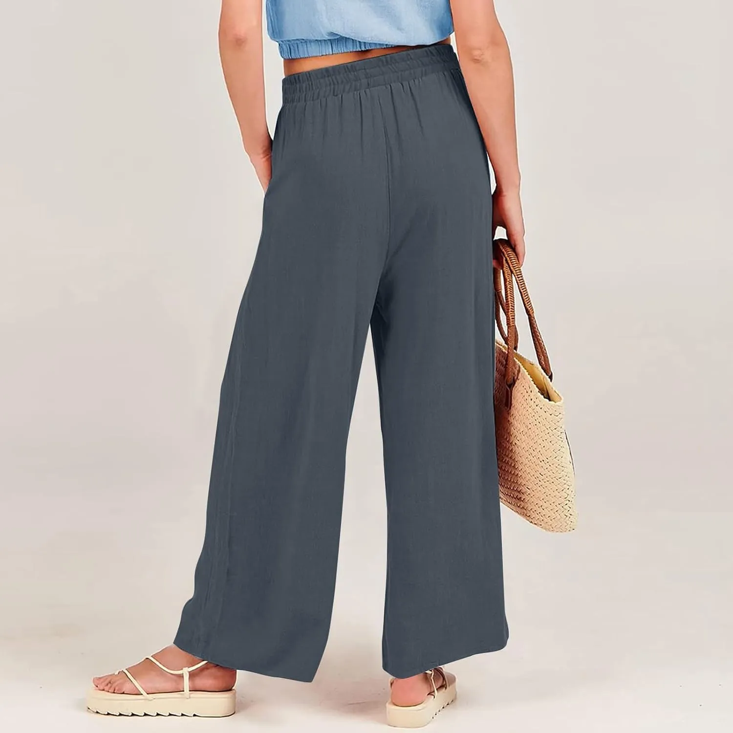Wide Leg Linen Pants for Women Summer Palazzo Flowy Capri Palazzo Flowy Pants Casual High Waist Trousers with Pockets