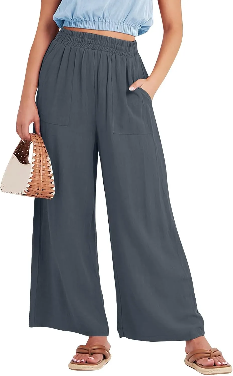 Wide Leg Linen Pants for Women Summer Palazzo Flowy Capri Palazzo Flowy Pants Casual High Waist Trousers with Pockets