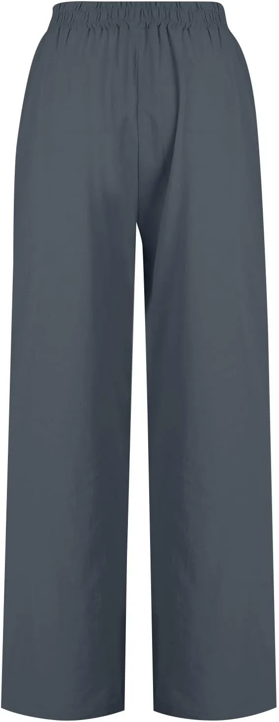 Wide Leg Linen Pants for Women Summer Palazzo Flowy Capri Palazzo Flowy Pants Casual High Waist Trousers with Pockets