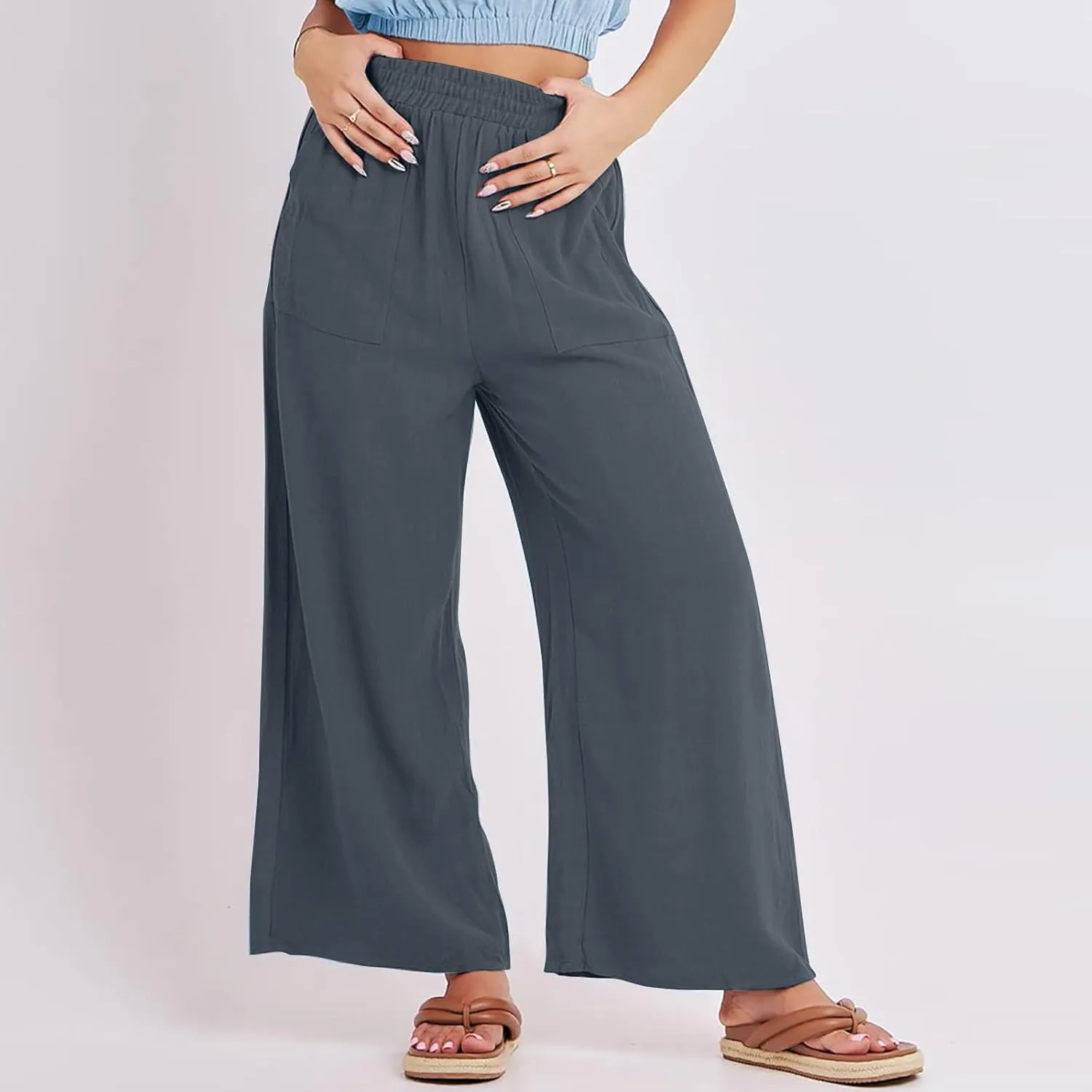 Wide Leg Linen Pants for Women Summer Palazzo Flowy Capri Palazzo Flowy Pants Casual High Waist Trousers with Pockets