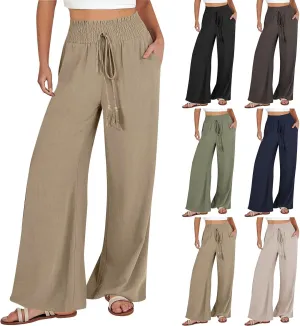 Wide Leg Linen Pants for Women Trendy 2024 Casual Summer High Waist Drawstring Pants Loose Beach Trousers