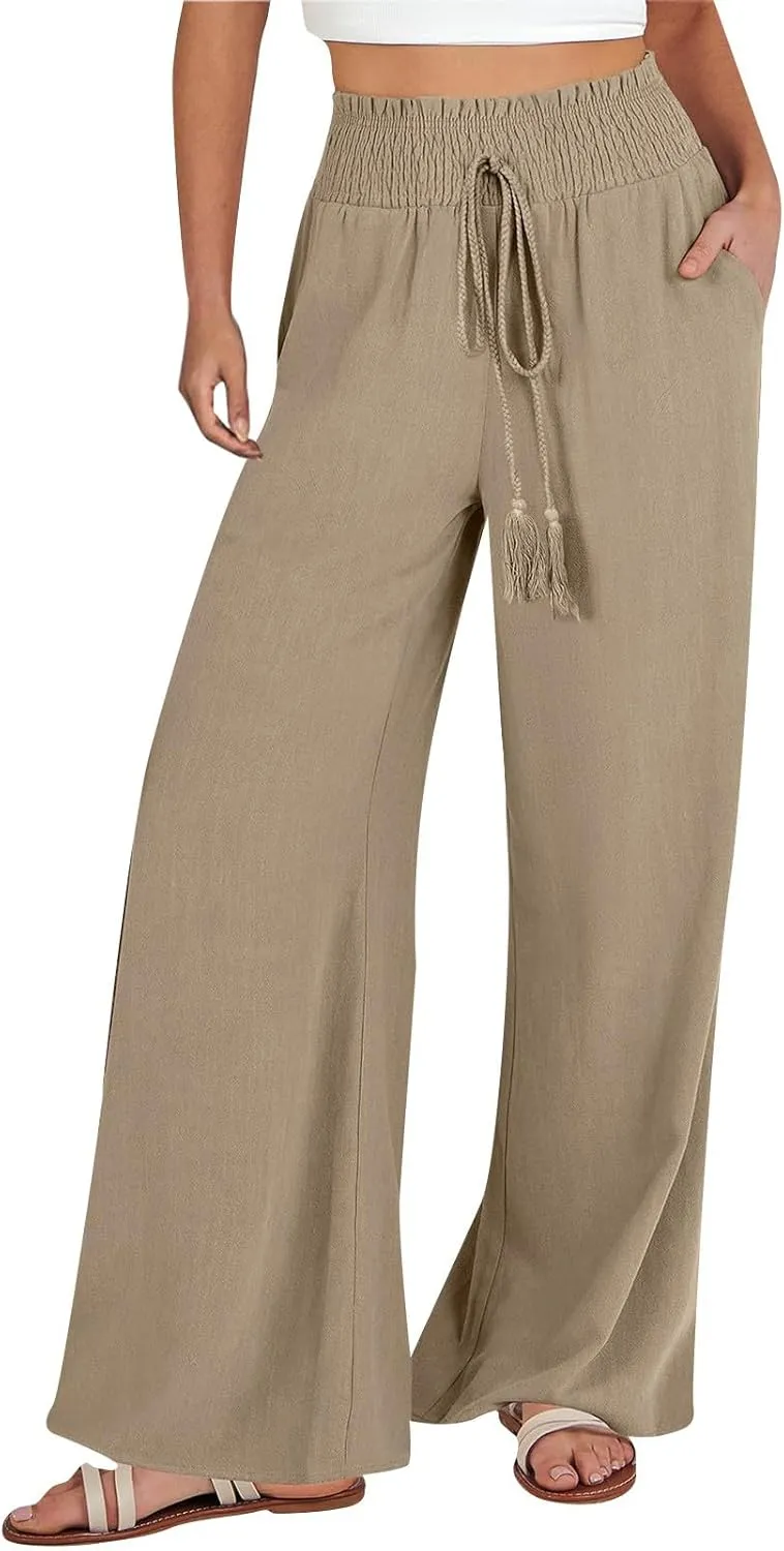 Wide Leg Linen Pants for Women Trendy 2024 Casual Summer High Waist Drawstring Pants Loose Beach Trousers