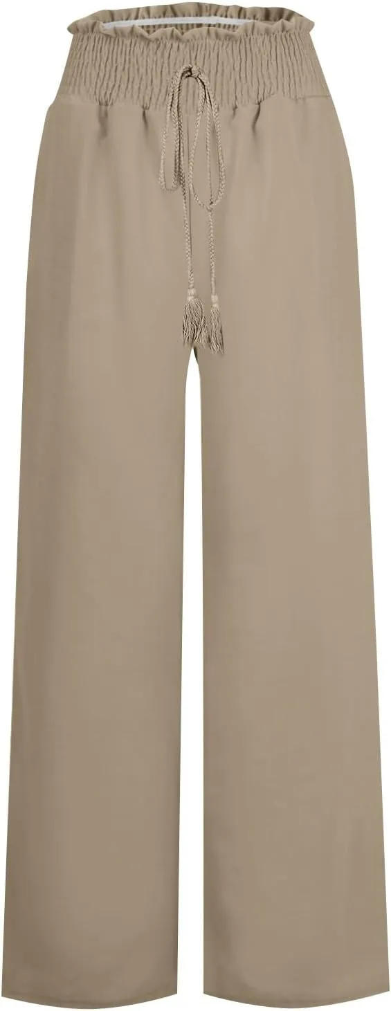 Wide Leg Linen Pants for Women Trendy 2024 Casual Summer High Waist Drawstring Pants Loose Beach Trousers