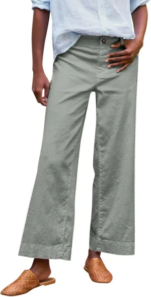 Wide Leg Linen Pants Women Cropped Elastic High Waisted Dress Pants Business Casual Comfy Work Pants with Pockets