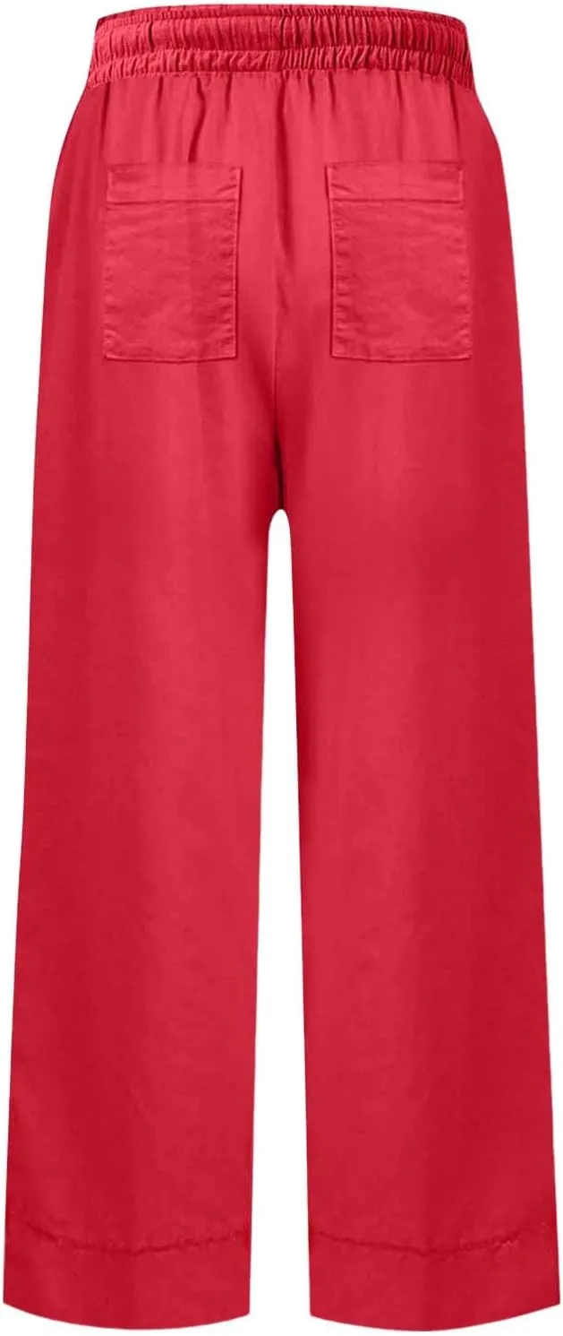 Wide Leg Linen Pants Women Cropped Elastic High Waisted Dress Pants Business Casual Comfy Work Trousers with Pockets