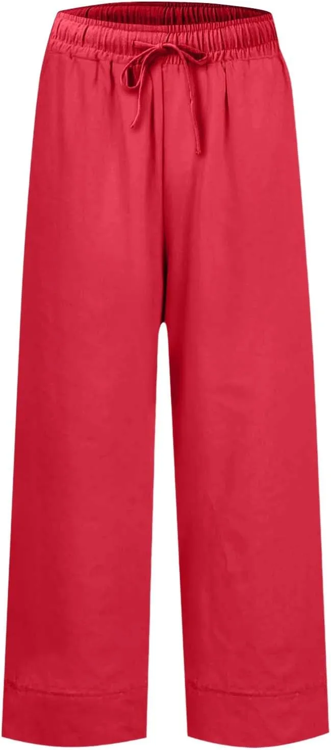 Wide Leg Linen Pants Women Cropped Elastic High Waisted Dress Pants Business Casual Comfy Work Trousers with Pockets