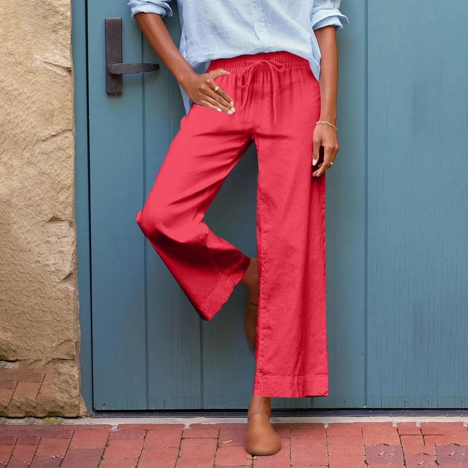 Wide Leg Linen Pants Women Cropped Elastic High Waisted Dress Pants Business Casual Comfy Work Trousers with Pockets