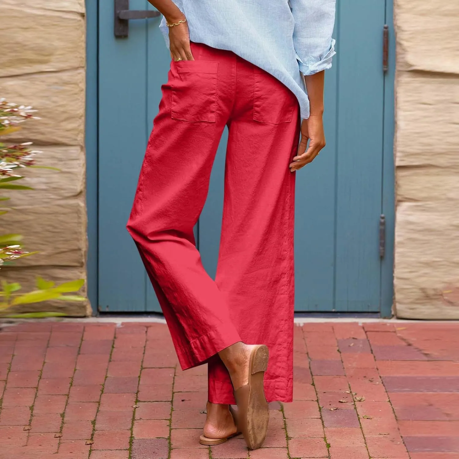 Wide Leg Linen Pants Women Cropped Elastic High Waisted Dress Pants Business Casual Comfy Work Trousers with Pockets
