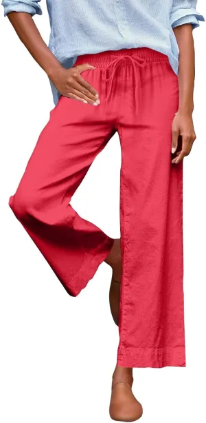 Wide Leg Linen Pants Women Cropped Elastic High Waisted Dress Pants Business Casual Comfy Work Trousers with Pockets