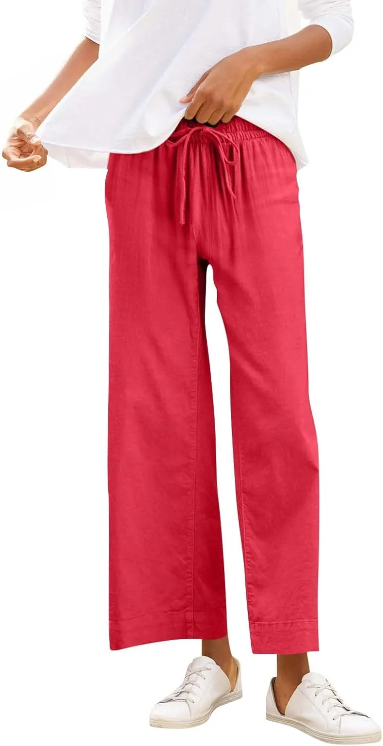 Wide Leg Linen Pants Women Cropped Elastic High Waisted Dress Pants Business Casual Comfy Work Trousers with Pockets