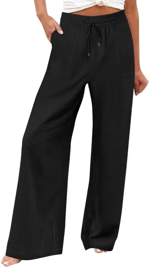 Wide Leg Linen Pants Women Summer Elastic High Waisted Palazzo Pants Side Slit Casual Work Beach Trousers with Pocket