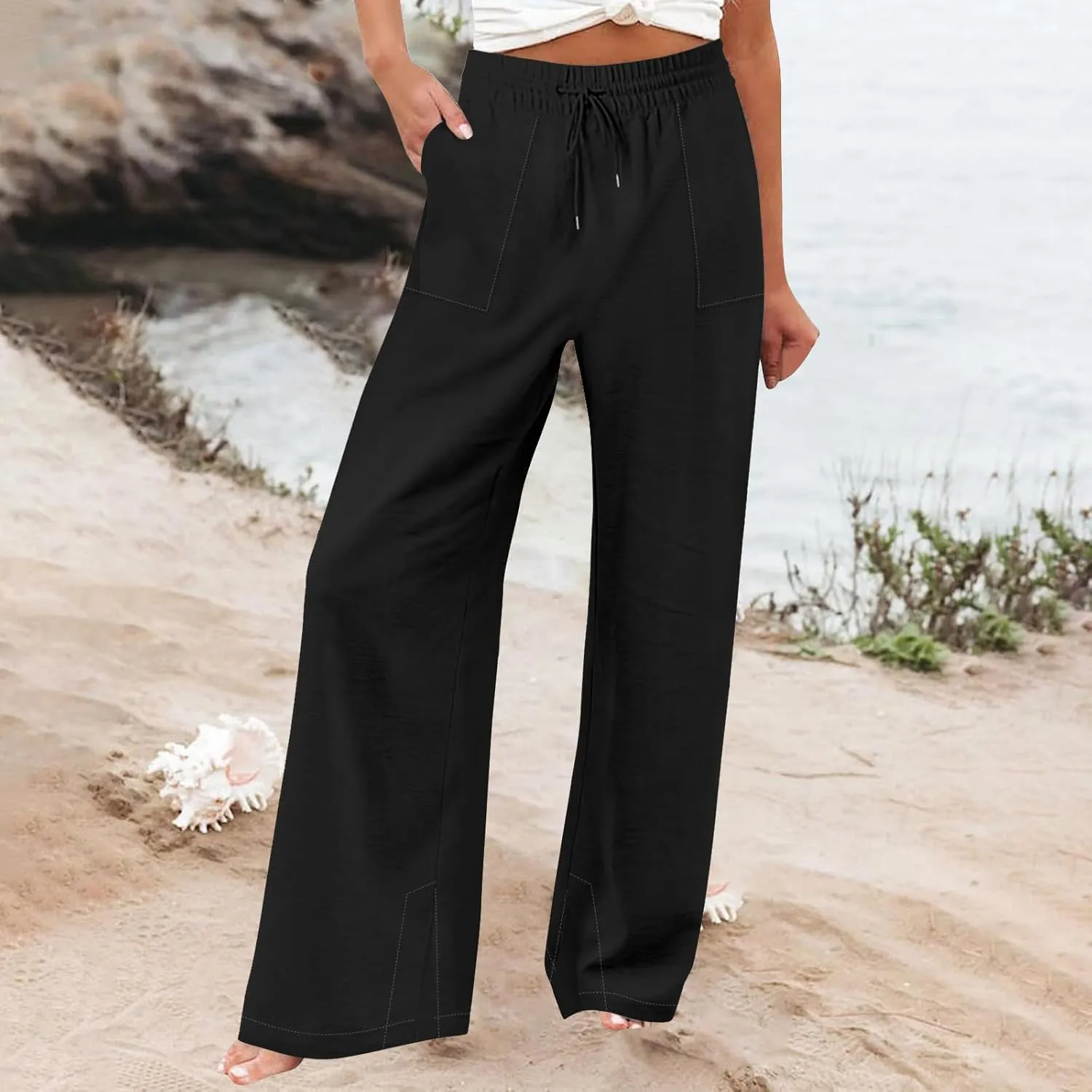 Wide Leg Linen Pants Women Summer Elastic High Waisted Palazzo Pants Side Slit Casual Work Beach Trousers with Pocket