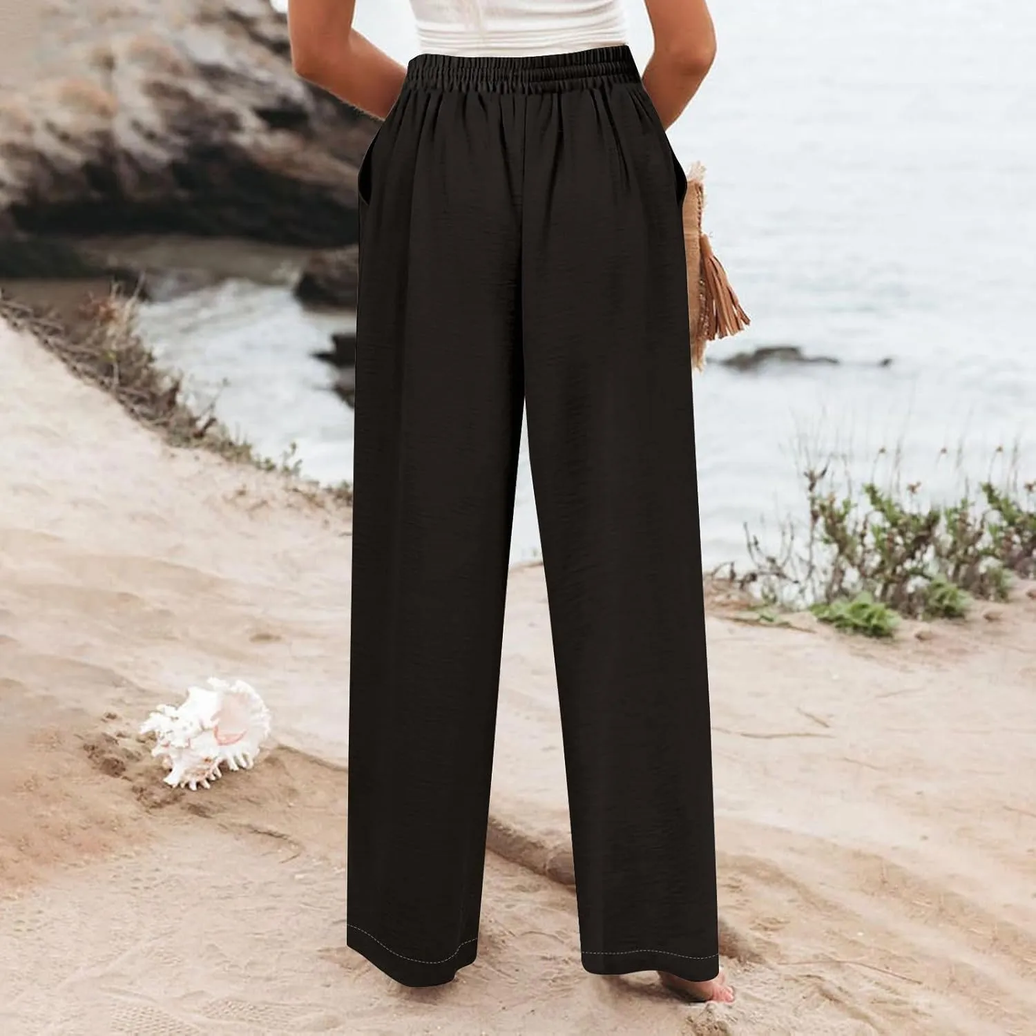 Wide Leg Linen Pants Women Summer Elastic High Waisted Palazzo Pants Side Slit Casual Work Beach Trousers with Pocket
