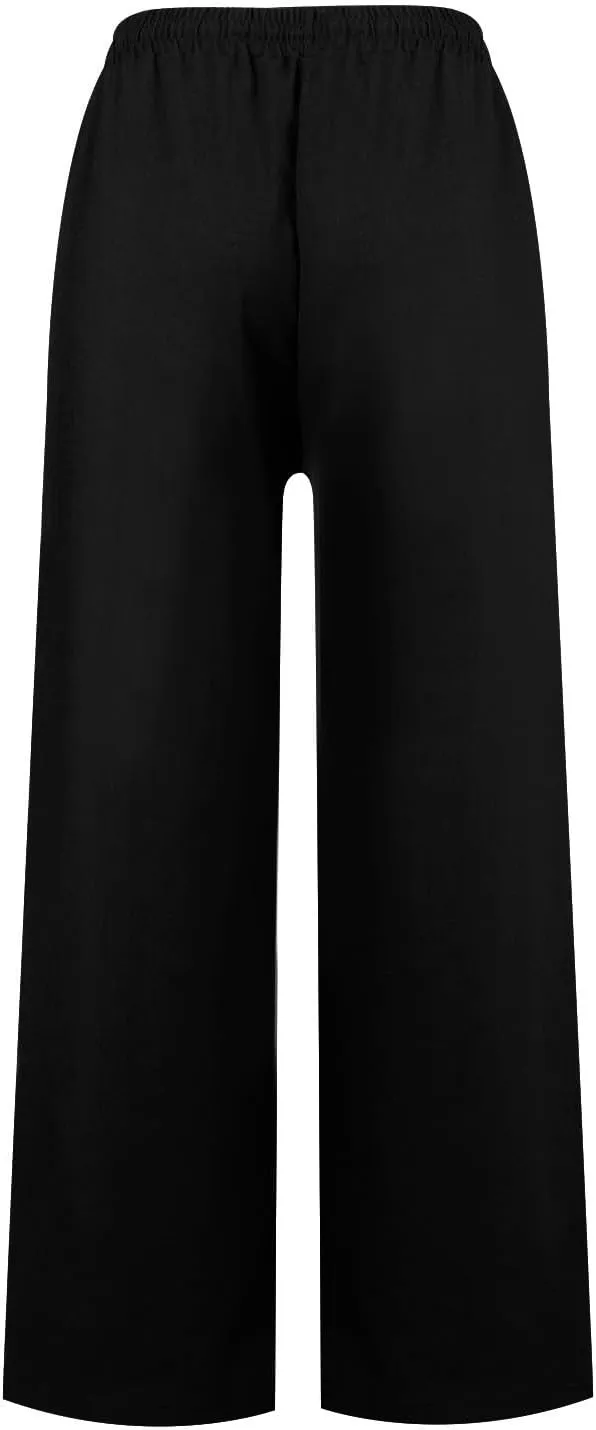 Wide Leg Linen Pants Women Summer Elastic High Waisted Palazzo Pants Side Slit Casual Work Beach Trousers with Pocket