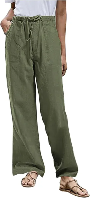 Wide Leg Pants for Women Summer Casual Cotton Linen Baggy Pant Elastic Waist Long Comfy Trousers with Pockets