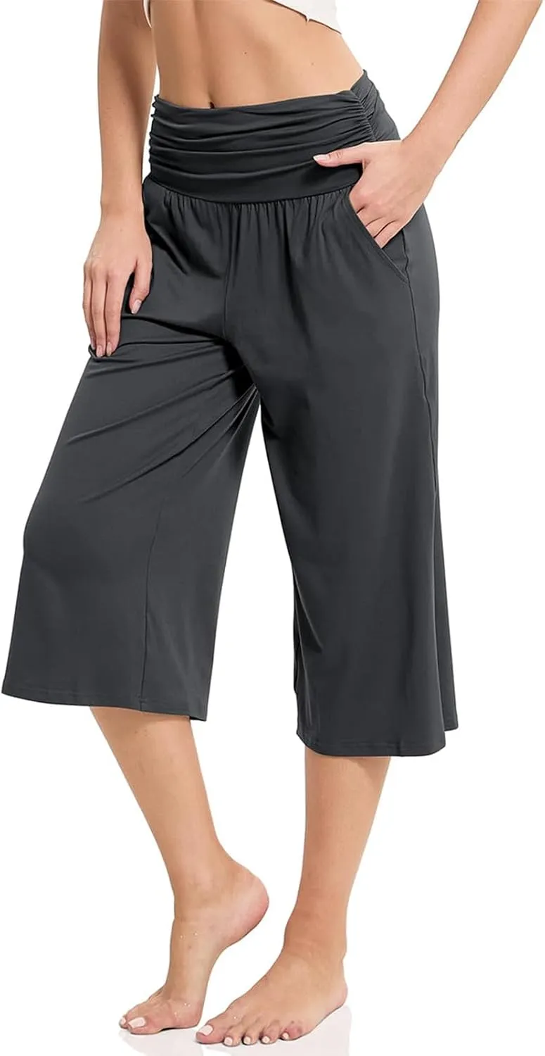 Wide Leg Pants for Womens High Waist Flowy Elastic Waist Loose Trousers Pleated Solid Color Elegant Capris Pants