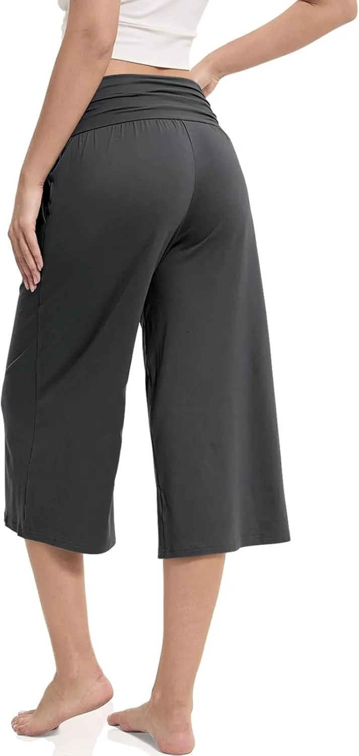 Wide Leg Pants for Womens High Waist Flowy Elastic Waist Loose Trousers Pleated Solid Color Elegant Capris Pants