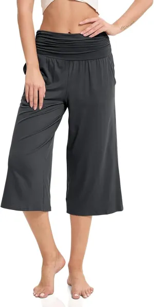 Wide Leg Pants for Womens High Waist Flowy Elastic Waist Loose Trousers Pleated Solid Color Elegant Capris Pants