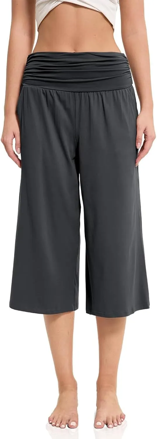 Wide Leg Pants for Womens High Waist Flowy Elastic Waist Loose Trousers Pleated Solid Color Elegant Capris Pants