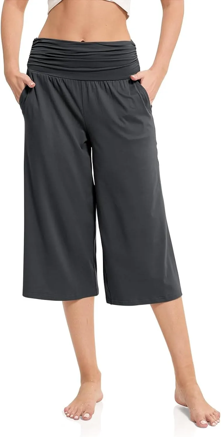 Wide Leg Pants for Womens High Waist Flowy Elastic Waist Loose Trousers Pleated Solid Color Elegant Capris Pants