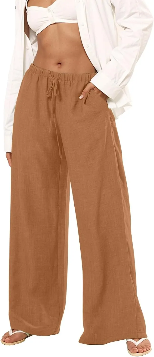 Wide Leg Pants Woman Summer Low Rise Drawstring Palazzo Pants Baggy Comfy Lightweight Boho Beach Trouser with Pockets