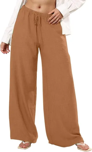 Wide Leg Pants Woman Summer Low Rise Drawstring Palazzo Pants Baggy Comfy Lightweight Boho Beach Trouser with Pockets