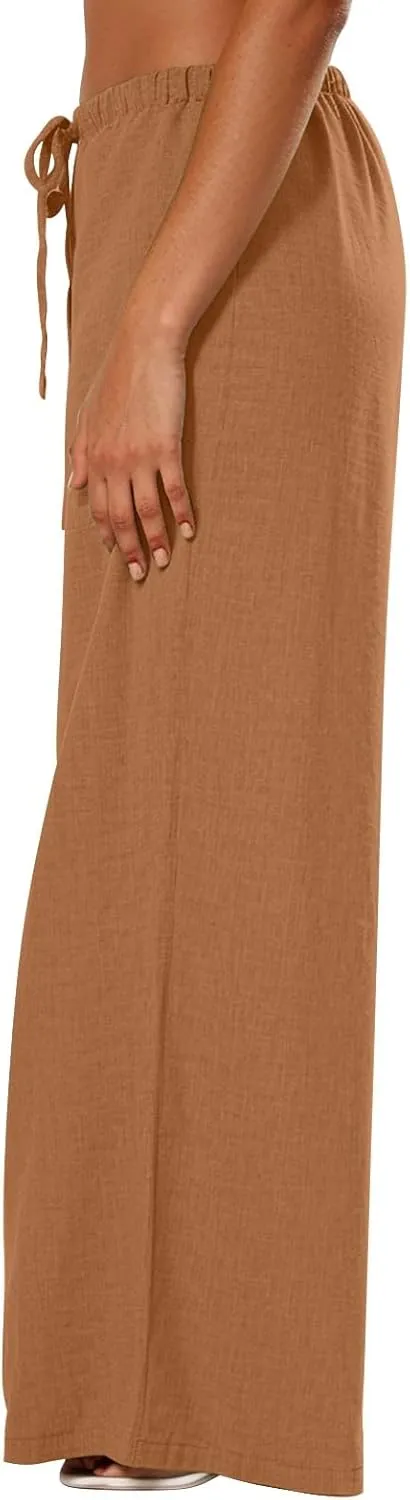 Wide Leg Pants Woman Summer Low Rise Drawstring Palazzo Pants Baggy Comfy Lightweight Boho Beach Trouser with Pockets
