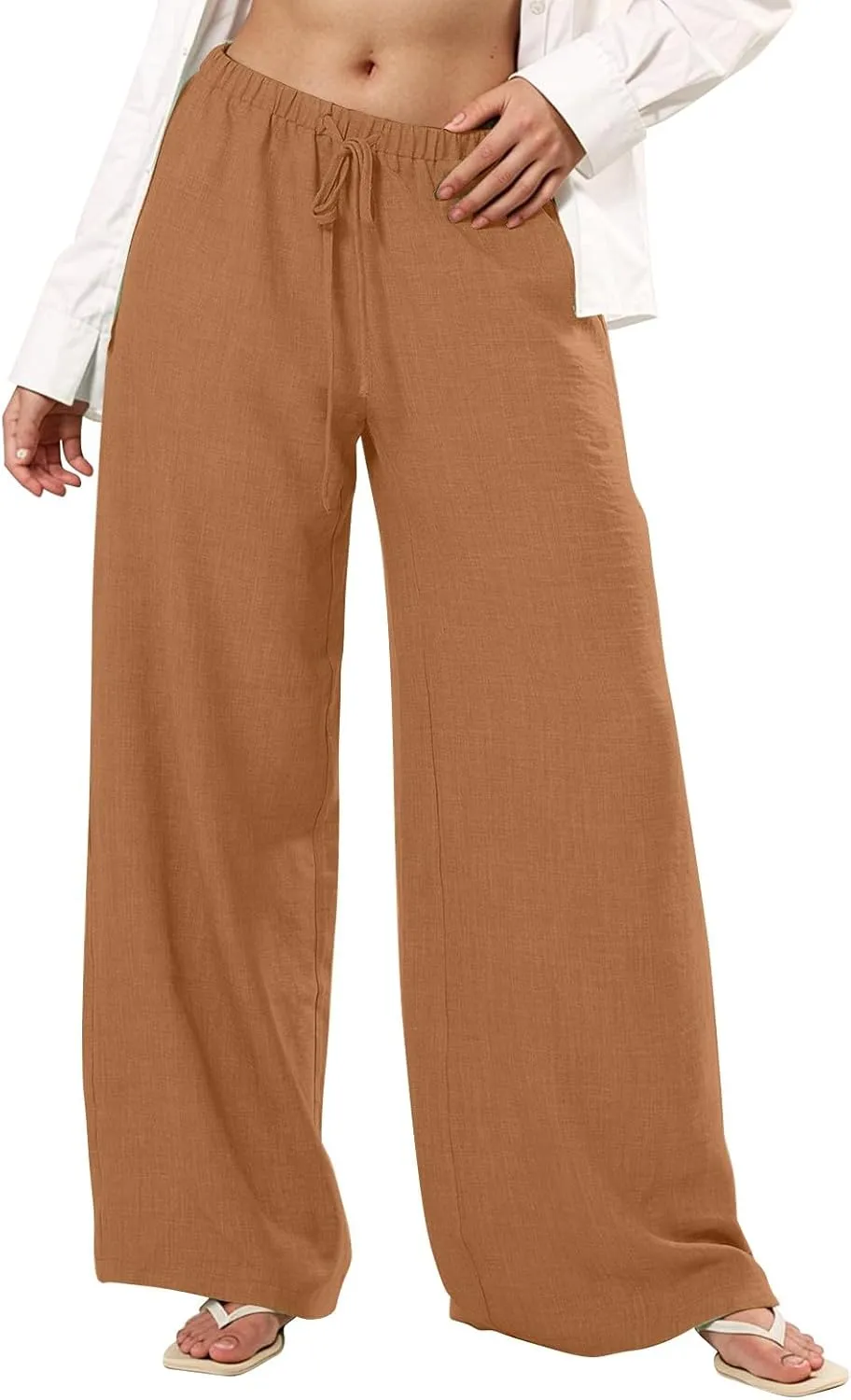 Wide Leg Pants Woman Summer Low Rise Drawstring Palazzo Pants Baggy Comfy Lightweight Boho Beach Trouser with Pockets