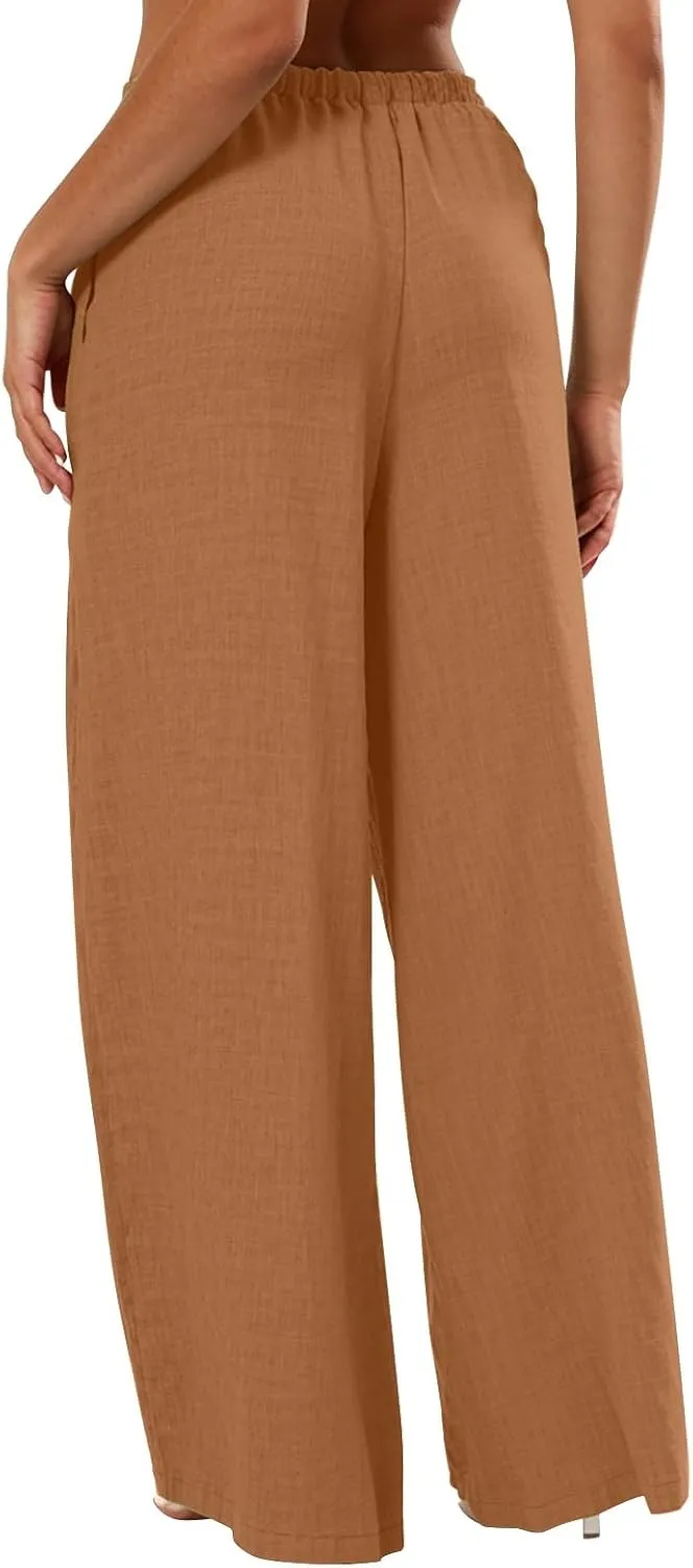 Wide Leg Pants Woman Summer Low Rise Drawstring Palazzo Pants Baggy Comfy Lightweight Boho Beach Trouser with Pockets